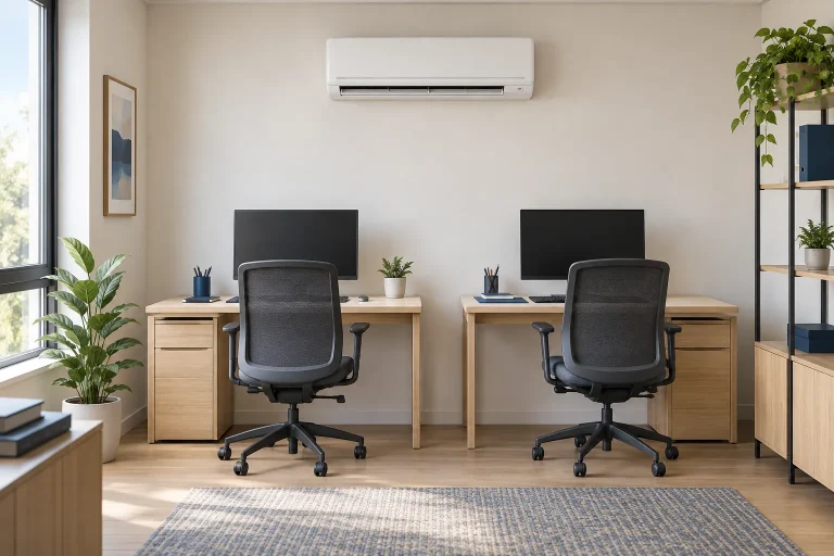 Illustration : climatiseur mural dans un bureau équipé de deux postes de travail.