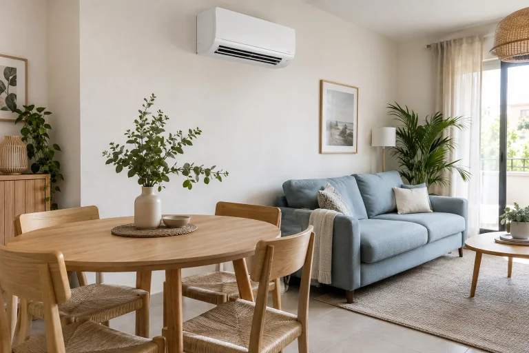 Illustration : climatiseur mural dans une pièce à vivre avec un salon et un espace repas.