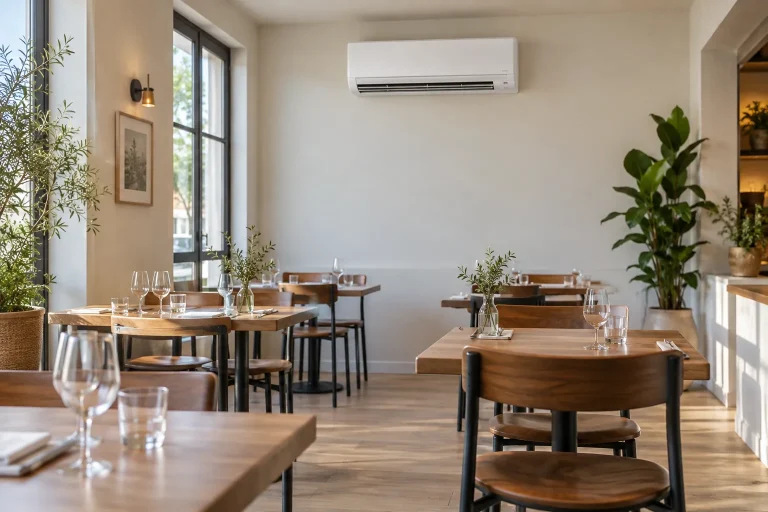 Illustration : climatisation murale dans la salle d’un restaurant.